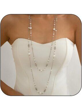 Women's Silver Metal Layered Pearl Statement Sweater Long Pearl Necklaces
